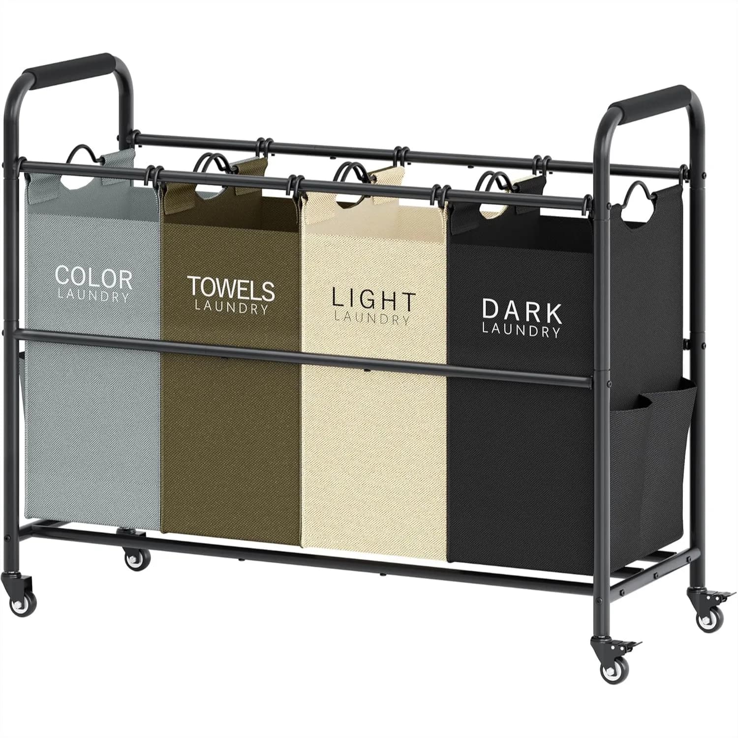 Carrello Portabiancheria a 4 Scomparti con Ruote Bloccabili Resistenti, Cesto Portabiancheria a 4 Sezioni con Sacchi Rimovibili per Biancheria Sporca