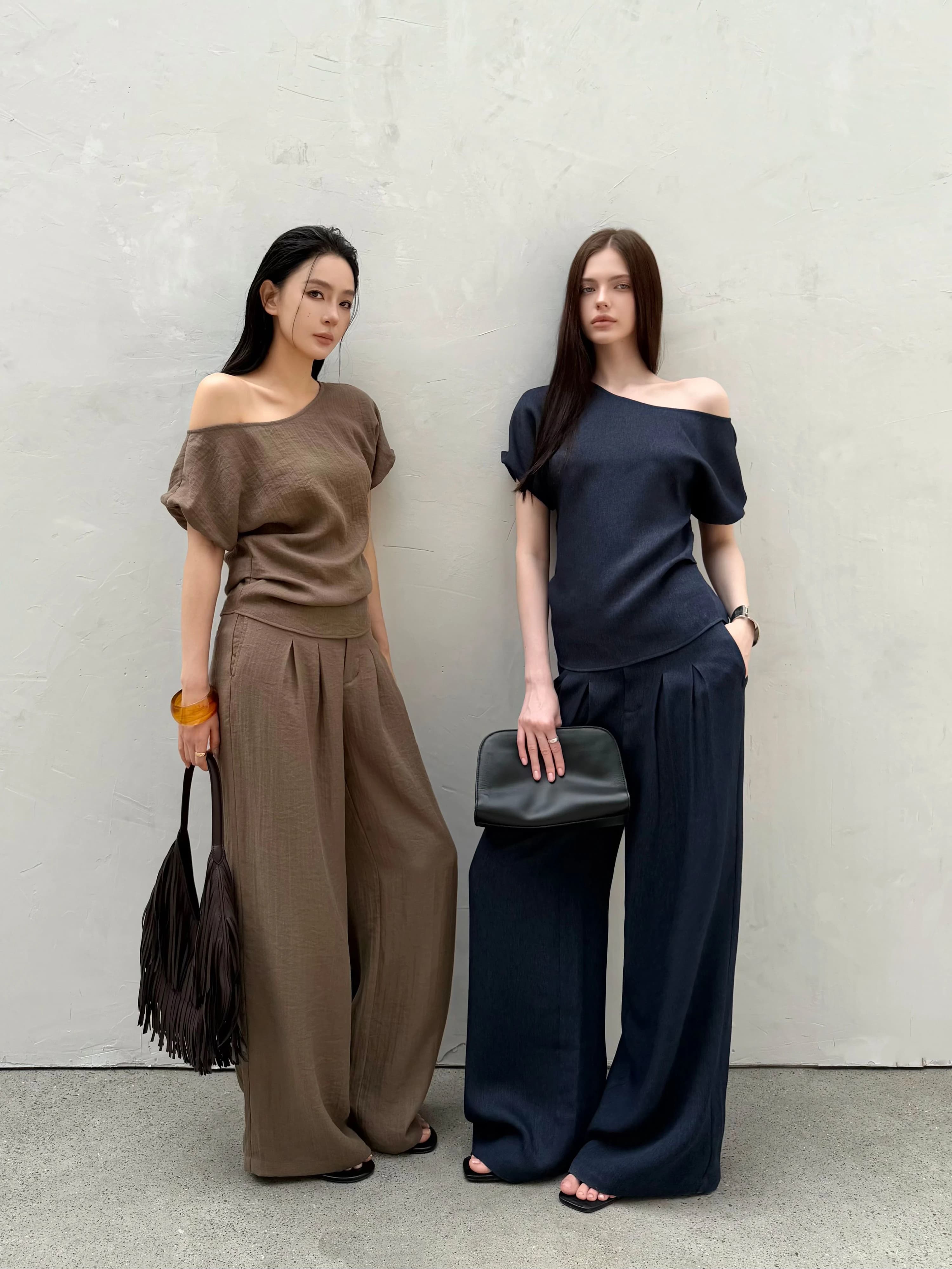 ZhouMiao CozyFit Lenzing Linen Mixed Straight Leg Pants Set Short Sleeve T-Shirt One Shoulder Design Summer Fashion Outfit