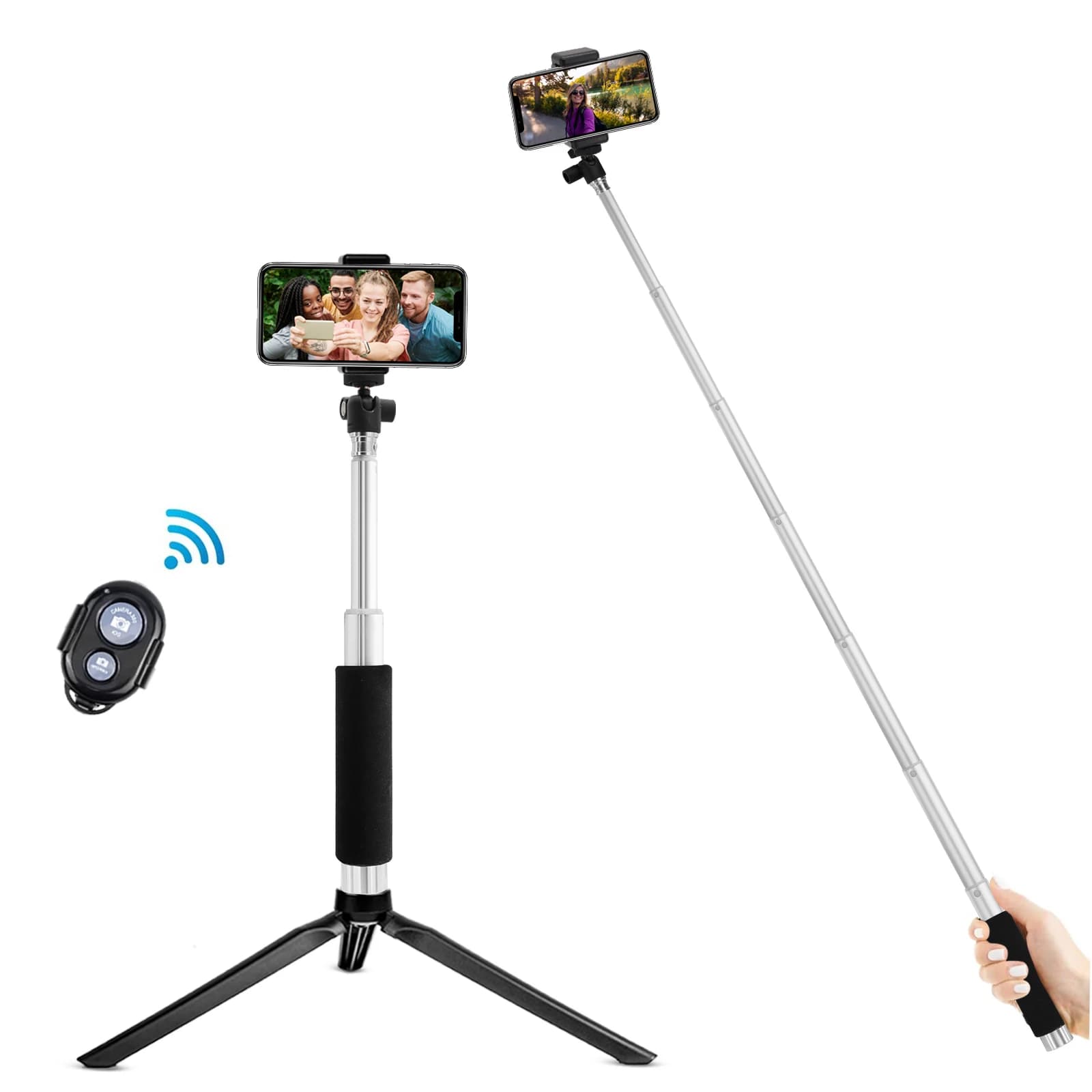 Treppiede per selfie stick con telecomando Bluetooth staccabile, 360 ° Rotazione, palo estensibile per telefono Android iPhone