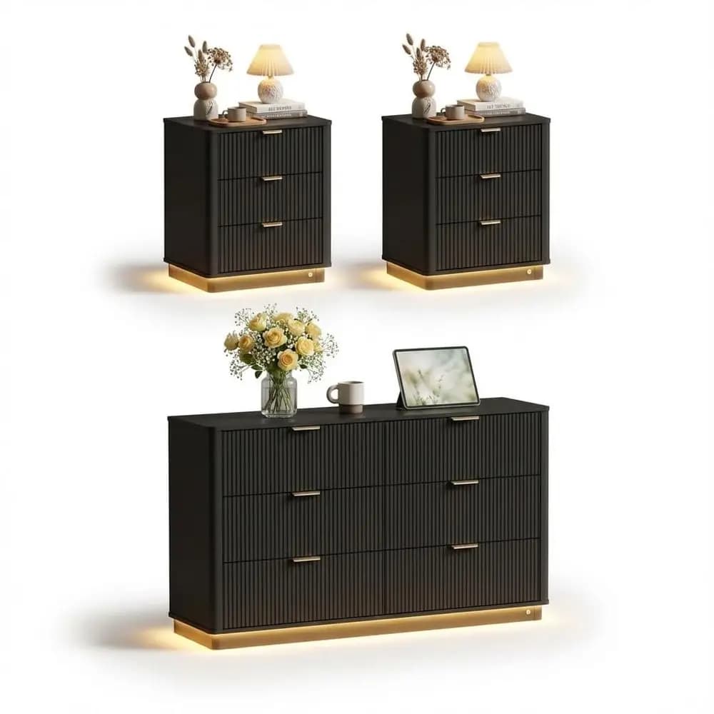 Set da camera da letto con stazione di ricarica, set di 2 comodini e cassettiera a 6 cassetti con maniglie dorate, cassettiera in legno