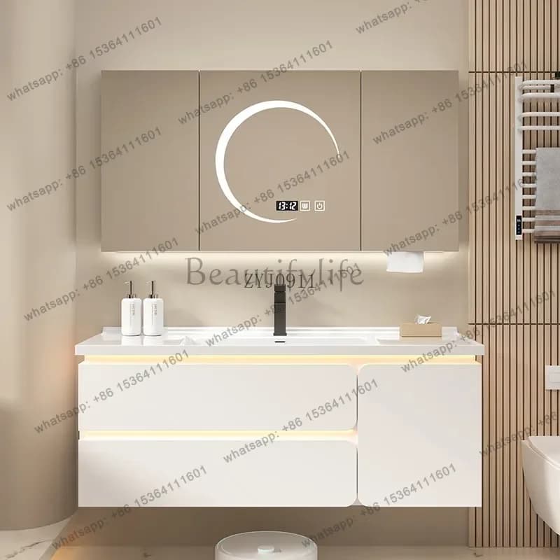 Mobiletto a specchio multifunzionale con luce a induzione, mobiletto da bagno in legno massello, lavabo combinato