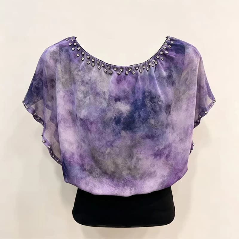 MadBlack-Women European Shirt, Sexy O Neck Print Beading, Clubwear Short Sleeve Loose Thin Chiffon Blouse, 2026 Summer T66836CC