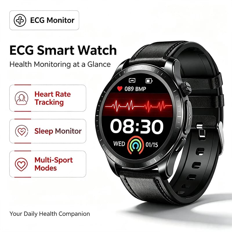 2026 New Round Screen ECG Smart Watch Men 24H Heart Rate Blood Pressure SpO2 Monitor IP68 Waterproof Fitness Tracker Smartwatch
