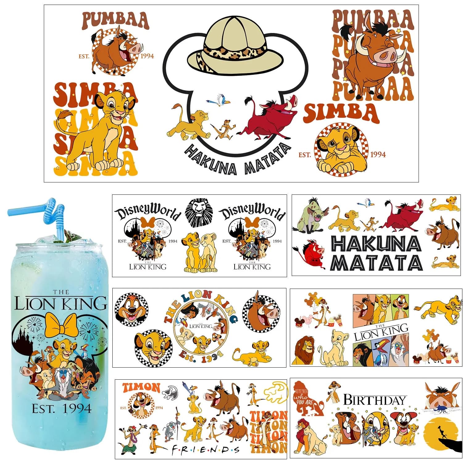 1/5 Pezzi 20 Stili Adesivi UV Simba Re dei Simpatici Animali, Decalcomanie Fai da Te, Trasferimenti 3D, Adesivi UV DTF, Involucri per Tazze UV DTF da 16oz