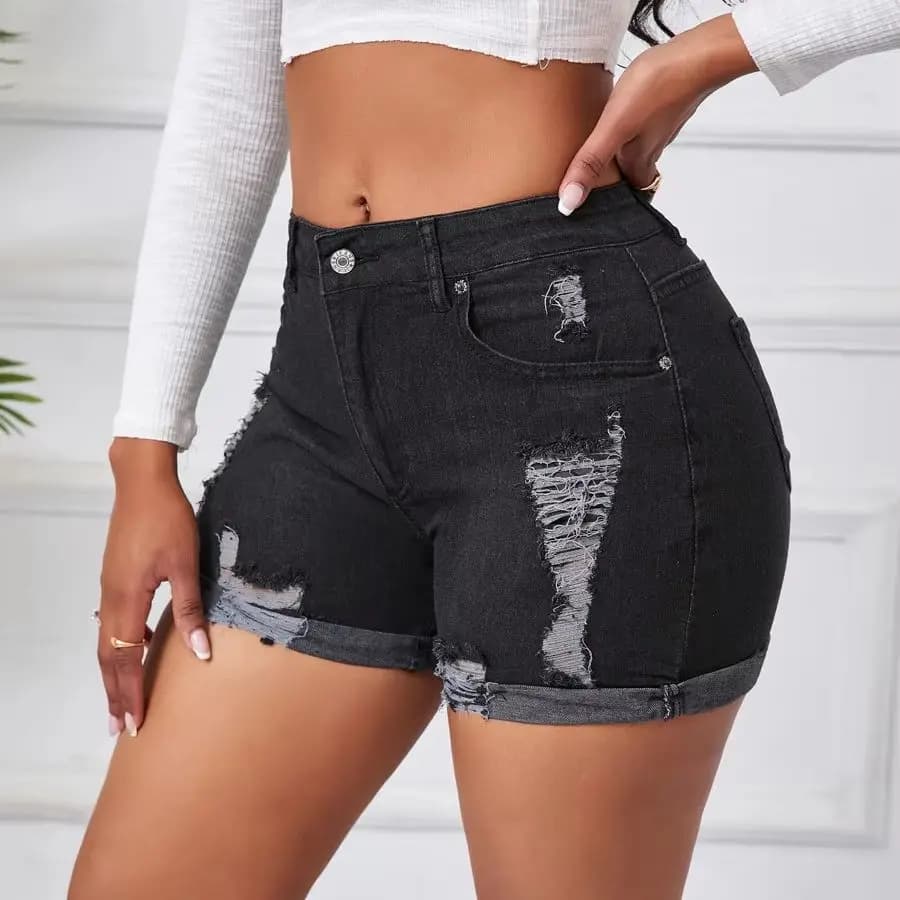 Sexy High-Waist High-Elastic Denim Shorts for Women Clothes New plus Size Ripped Jeans Short Pants with Hole Detail