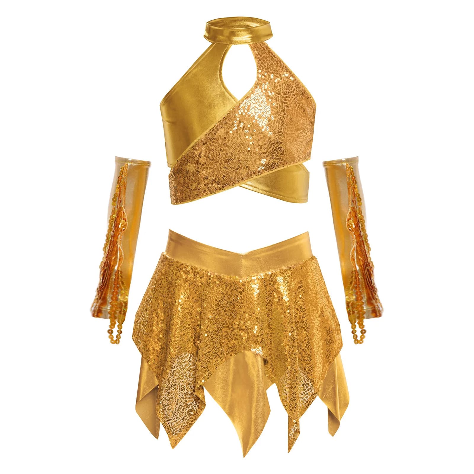 Costume da ballo jazz per bambina per bambini Vestito da tango latino Cha-cha Salsa Dancewear Top corto con paillettes scintillanti con gonna e guanti con nappe