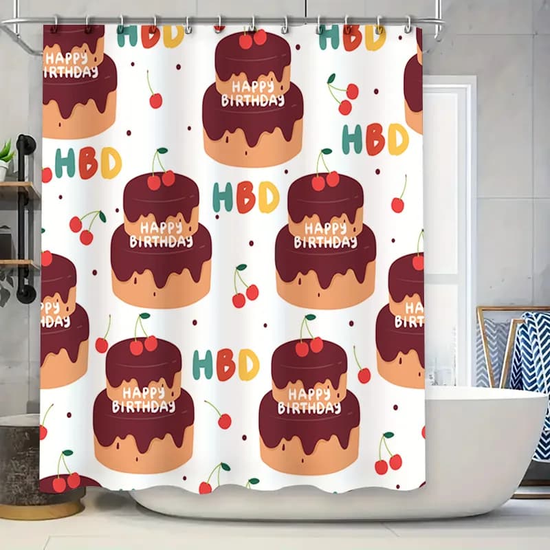 Tenda da doccia di buon compleanno Set di tappetini da bagno decorativi con stampa di torte affascinanti per bambini Idee regalo per il bagno Forniture decorative (Bianco