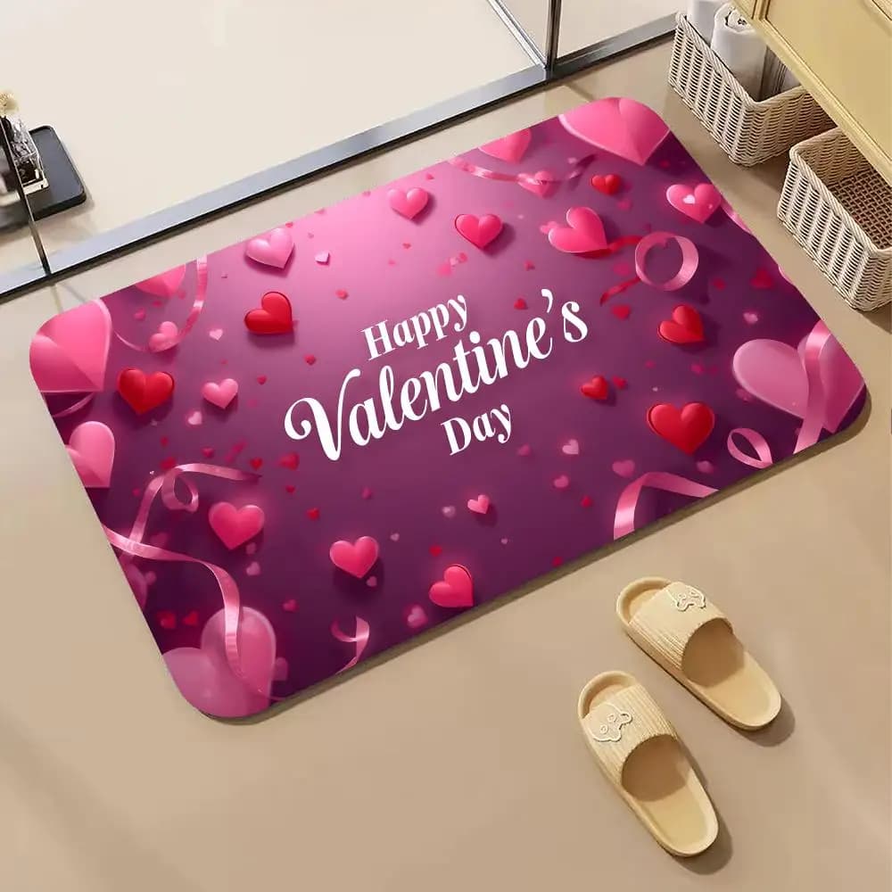 Tappetino da Bagno in Diatomite con Cuori e Rose di San Valentino, Tappetino Assorbente Antiscivolo ad Asciugatura Rapida