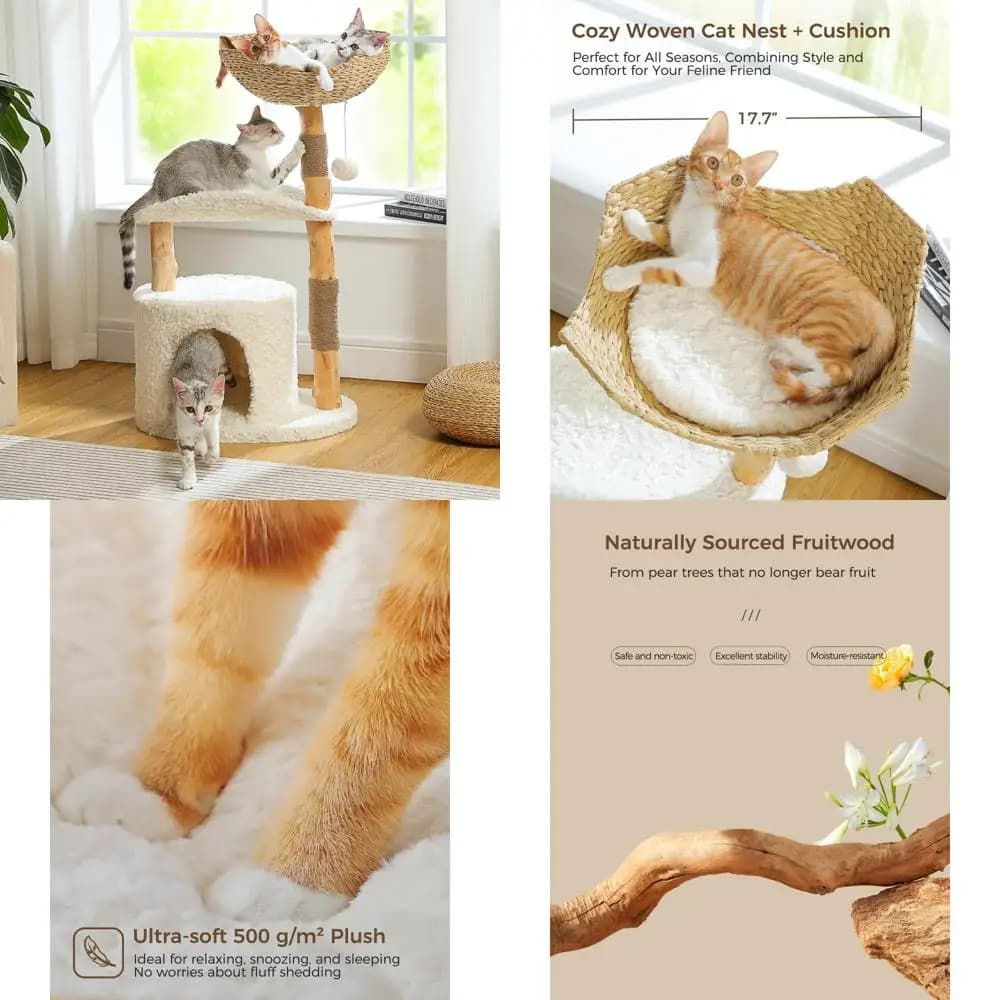 Torre per gatti di lusso in legno con rami reali per gatti di grandi dimensioni: tiragraffi naturali e condominio in legno massello per un comfort felino
