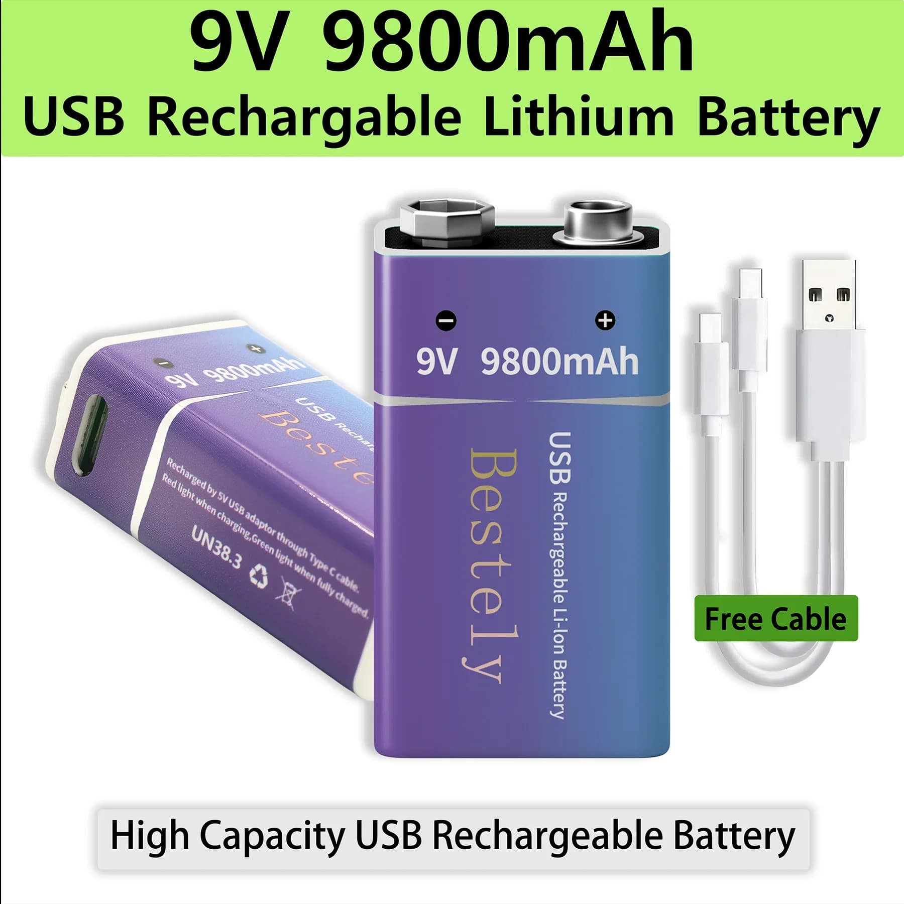2025New 9V 9800mAh Batteria ricaricabile agli ioni di litio Batterie agli ioni di litio a lunga durata con cavo per rilevatore di fumo Microfono Allarme