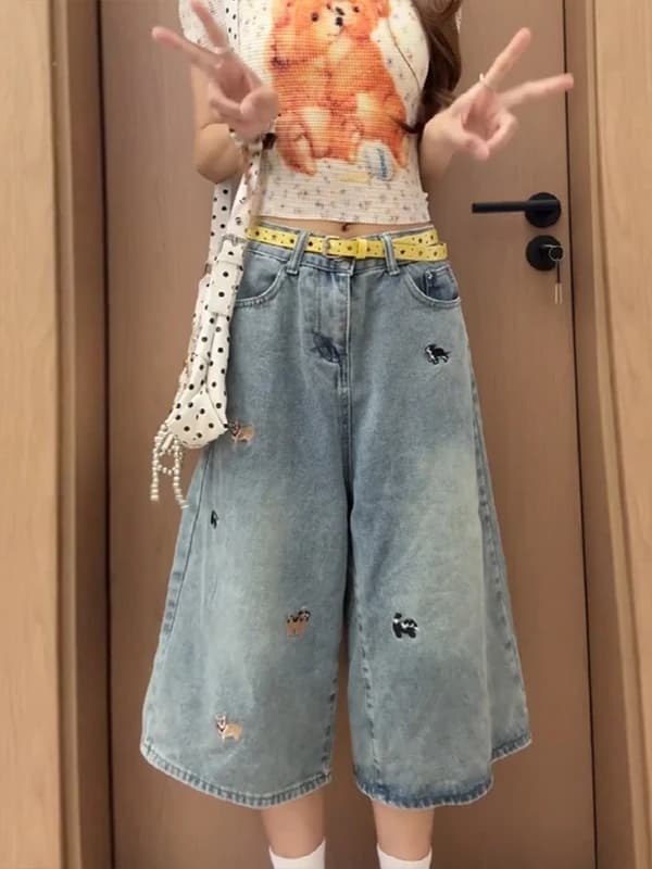 Jeans a Gamba Larga con Ricamo di Cane in Stile Americano, Trendy, per Ragazze Dolci, Cool e Piccanti, Pantaloni Estivi da Donna, Larghi e Slim Fit