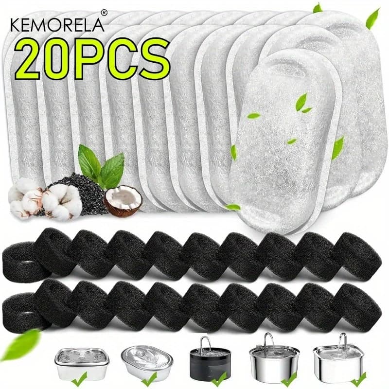 KEMORELA 20PCS Filtri in spugna a carbone attivo per fontana per gatti per distributore d'acqua in acciaio inossidabile Accessorio per la cura degli animali domestici