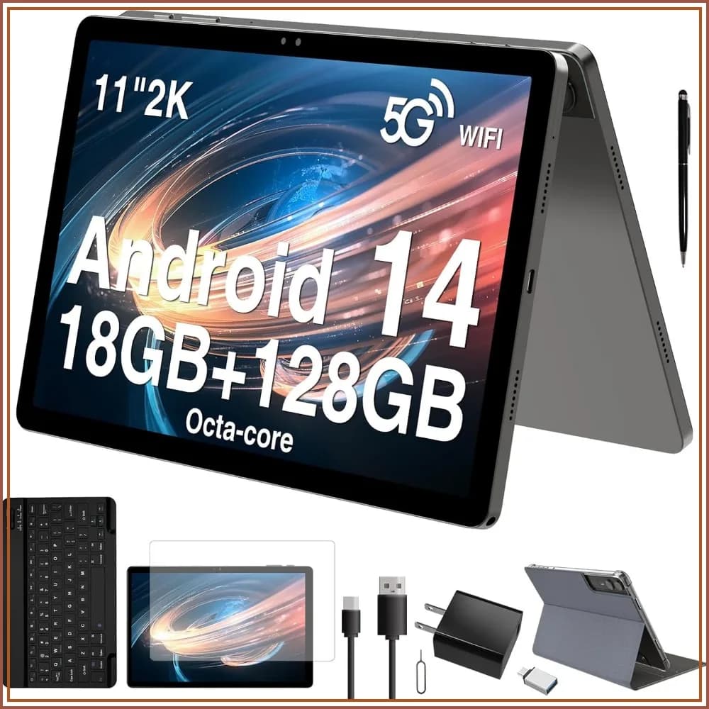 2026 Latest 11 inch Android Tablet with Gemini AI, 2-in-1 Keyboard & Pen, 18GB RAM 128GB ROM + 1TB Expand, 2K Display, Octa-Core, 13MP Camera, 9000mAh Battery, GPS, Face ID, Quad Speakers