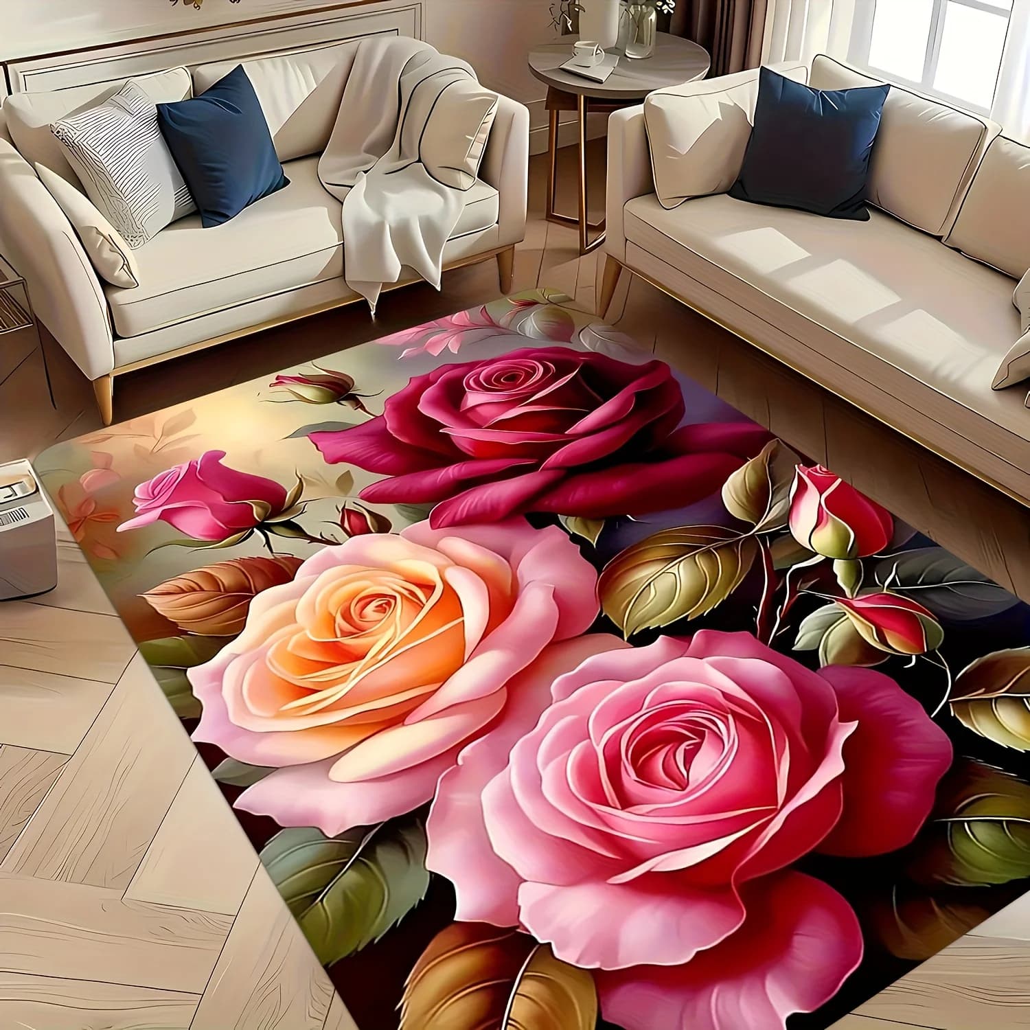 Vibrant Rose Flower Flannel Area Rug Romantic Floral Non-slip Floor Mat for Living Room Bedroom Sofa Decor Carpet
