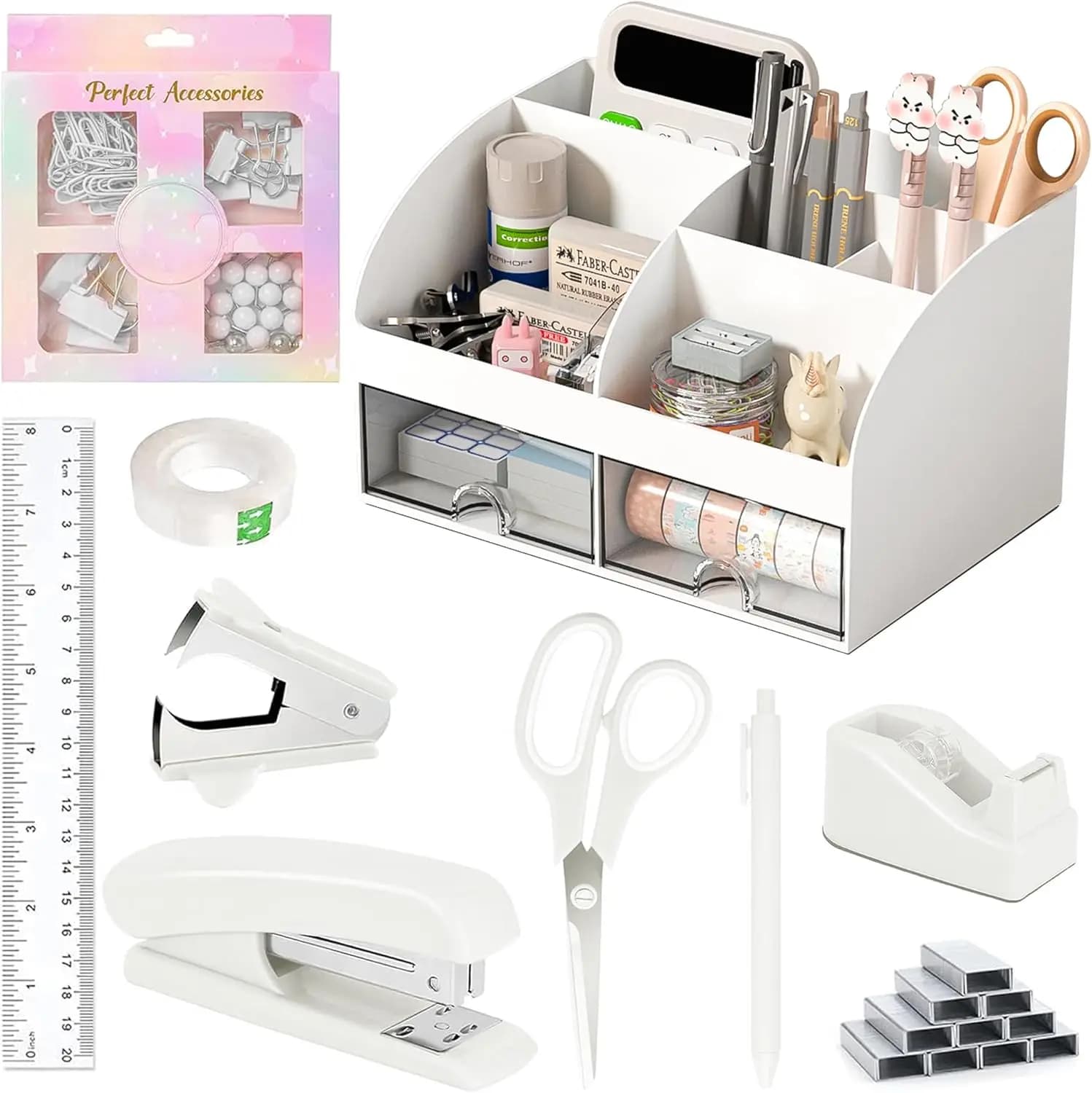 Set Organizzatore da Scrivania Bianco con Portapenne, Dispenser per Nastro Adesivo, Cucitrice, Forbici e Altro per uno Spazio di Lavoro Efficiente