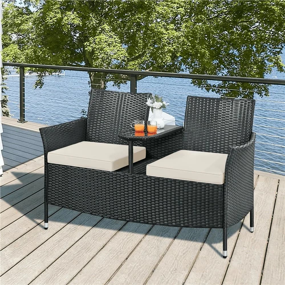 Premium Outdoor Double Chair 2 Seater PE Rattan Patio Conversation Furniture Set 385lb Capacity With Tempered Glass Table Cushions Waterproof UV Resistant Heavy Duty Rust Resistant Easy Clean Durable For Garden Lawn Pool Backyard Porch Balcony Black Beige