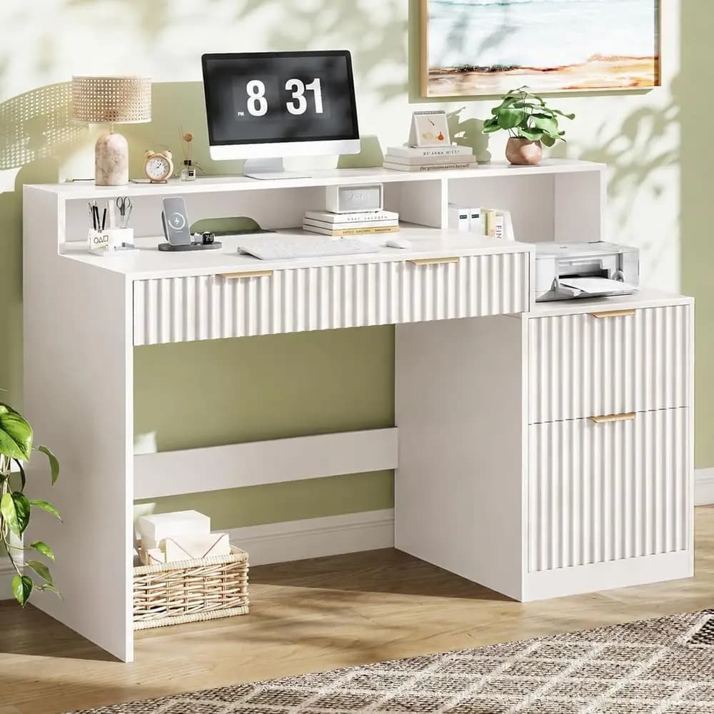 Modern Home Office Desk with Drawers, Power Outlets, Printer Stand, Storage Cabinet, and Long Monitor Stand, White