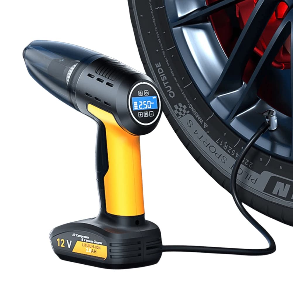 Aspirapolvere per Auto Senza Fili con Gonfiatore Pneumatici, Manometro e Soffiatore d'Aria Wireless, Forte Aspirazione per Casa, Auto, Bicicletta, Moto