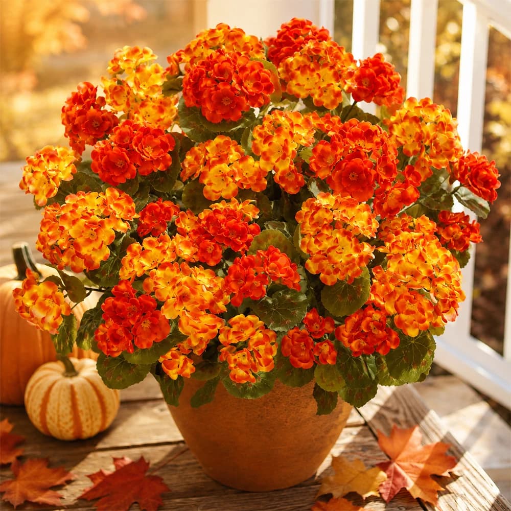 4Bundles Geranium Artificial Fall Flowers UV-Resistant Faux Plant Fake Flower for Outdoor Home Table Garden Harvest Autumn Decor