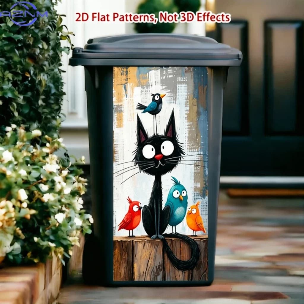 Art‑Style Black Cat & Bird Trash‑Can Sticker Size 31xcm Playful Cartoon Black Cat With Colorful Birds Graffiti Texture