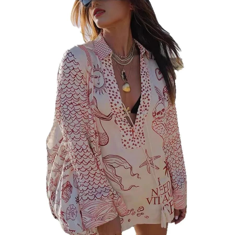 Completo Estivo da Donna: Camicia Larga Stampata e Pantaloncini, Scollo a V, Maniche Lunghe, Abbigliamento Comodo e Alla Moda per le Vacanze