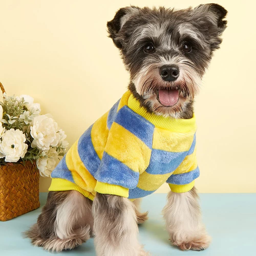 Cute Yellow and Blue Striped Pet Hoodie, Fashion British Style Dog & Cat Clothes, Warm Fleece Winter Puppy Sweatshirt