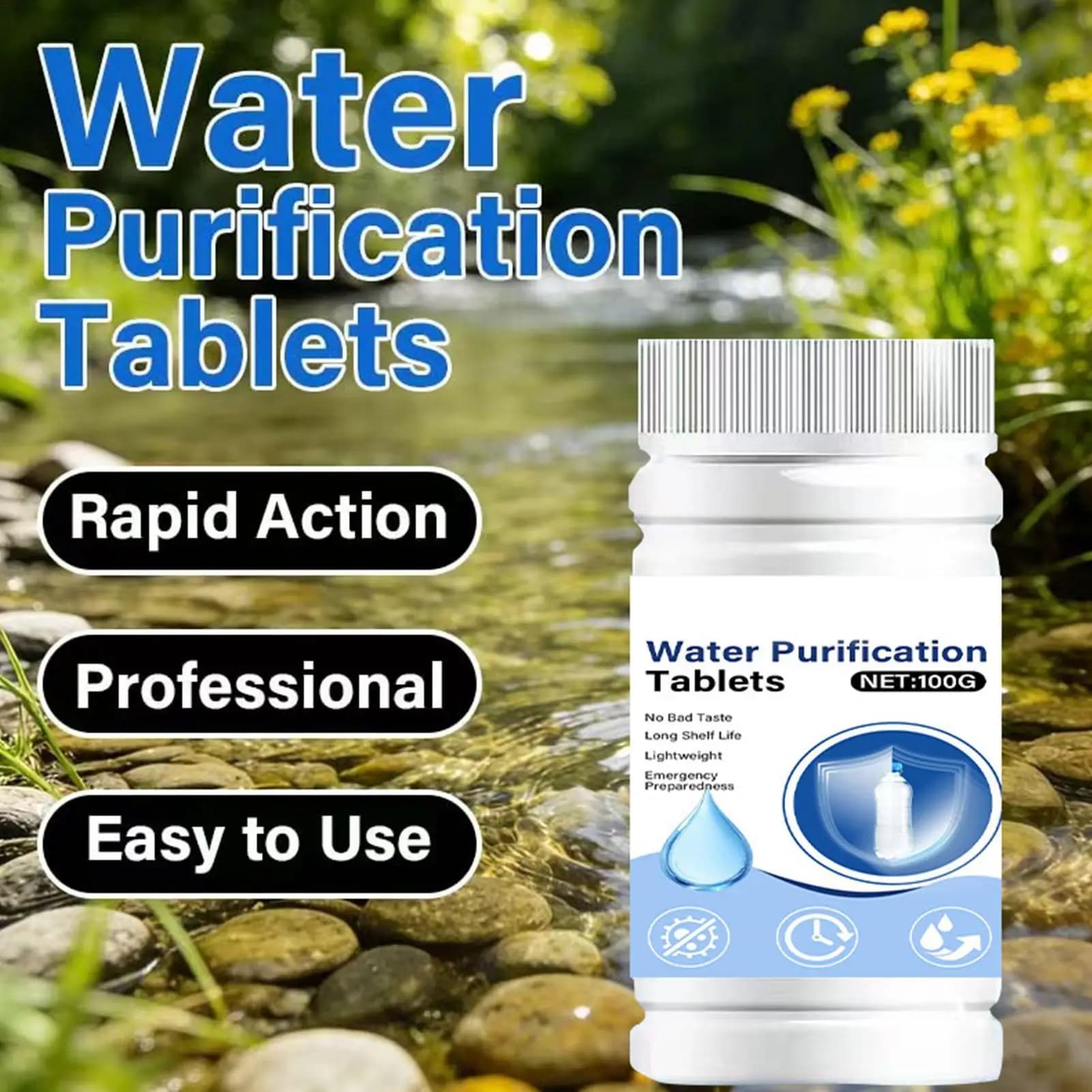 Compresse per la purificazione dell'acqua potabile, efficaci e a rapido scioglimento, per il mantenimento della chiarezza dell'acqua, compresse filtranti per campeggio ed escursionismo.