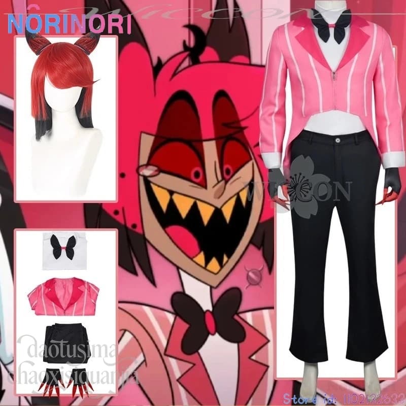 Anime Hazubin Se2 Cosplay Alastor Radio Suit Demon Costume Pink Set Jacket Bow Pants Wigs Gloves Wigs Halloween Christmas Cos