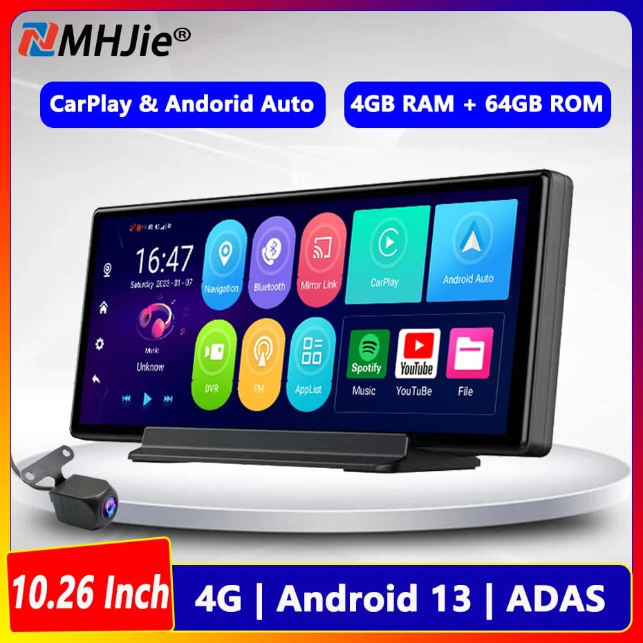 DVR Recorder for Auto 10.26 4G K720 Inch with Carplay, GPS Navigation, Double Lenten 1080P FHD, Android 13, Mirror Retrovisor with Dashcam