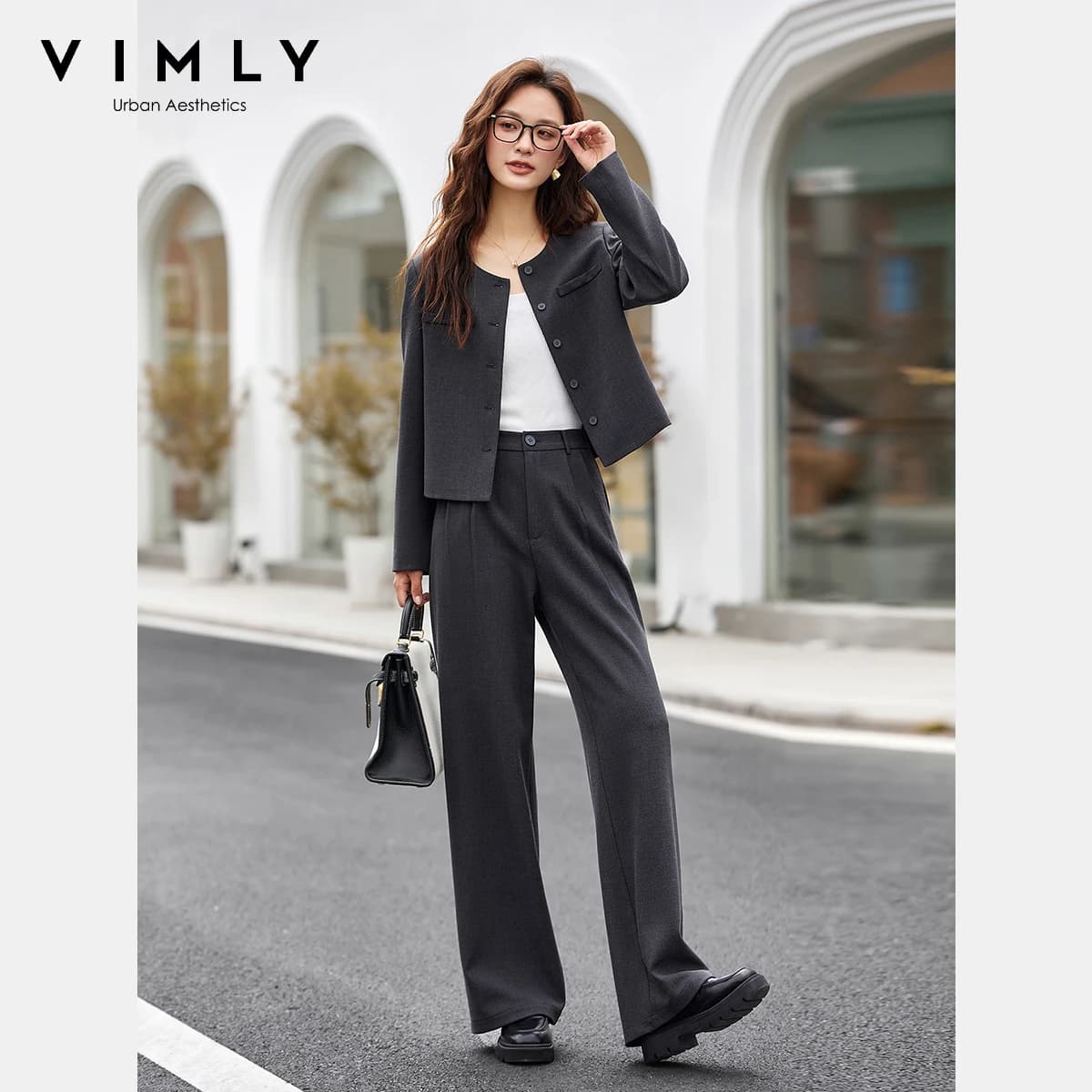 VIMLY Pantaloni Set Donna 2 pezzi Solido Elegante Girocollo Bottoni Giacche Moda Gambe larghe Pantaloni lunghi Set di pantaloni da donna A2169