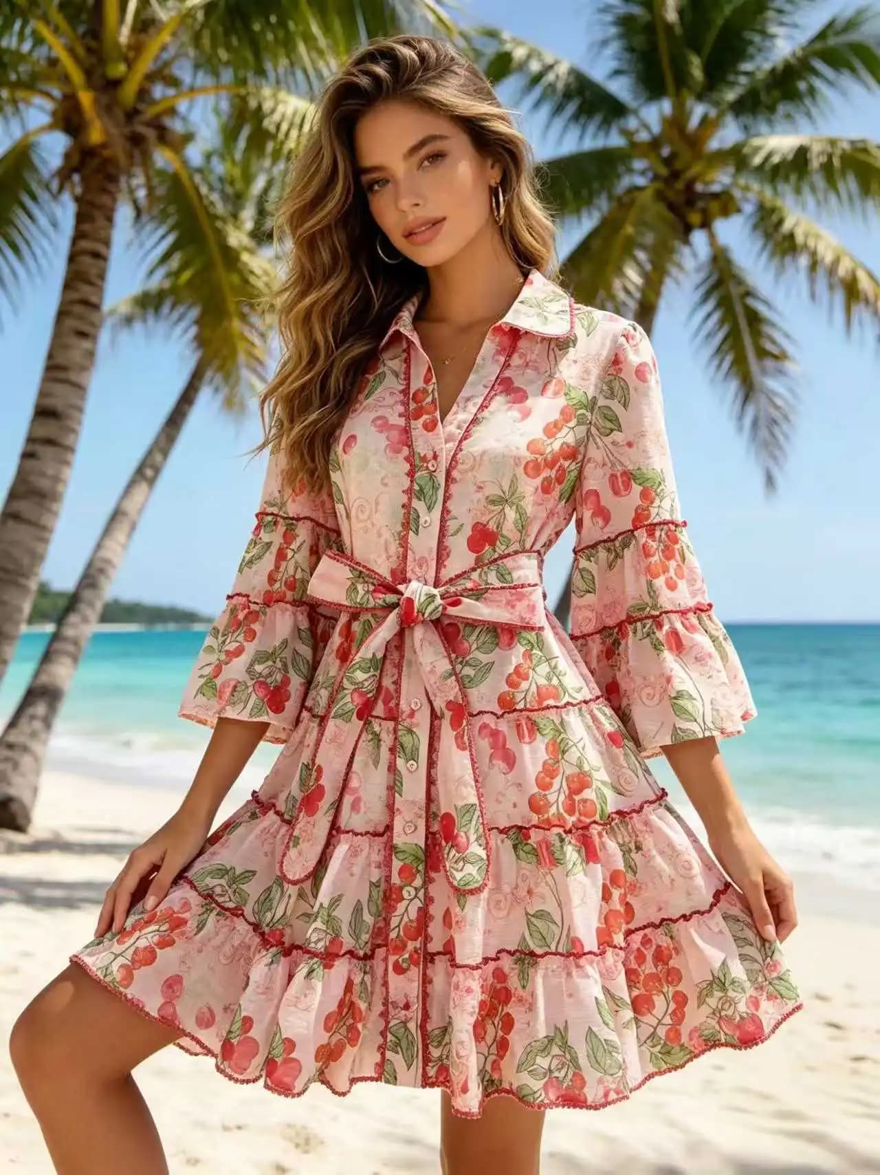 Plus Size Mini Dress Summer Spring Flare Sleeve High Street Vintage Fruit Flower Print Belt Holiday