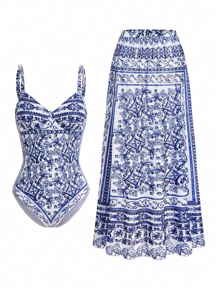 Costume da bagno a due pezzi con stampa paisley blu e bianca per le vacanze estive al mare