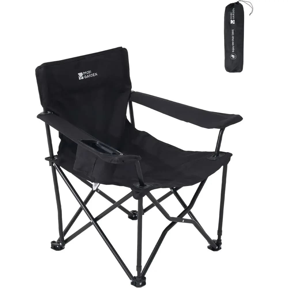 Portable camping chair for adults, quad chair with seat and back cushion, 2 cup holders and back pocket on the net, carrying bag included, black