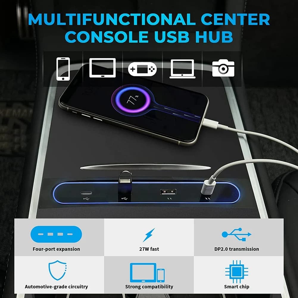 Accessori per Tesla Model 3 Y 2021 2022, Stazione di Ricarica Rapida 27W, Hub USB LED 4 in 1 per Console Centrale con Sensore-A67F
