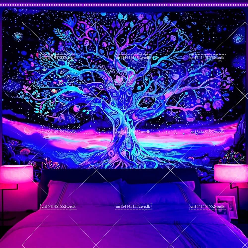 Blacklight Tree Life Tapestry UV Reactive Neon Star arazzi Black Light Tapestry estetica Room Decor Bedroom Wallpapers