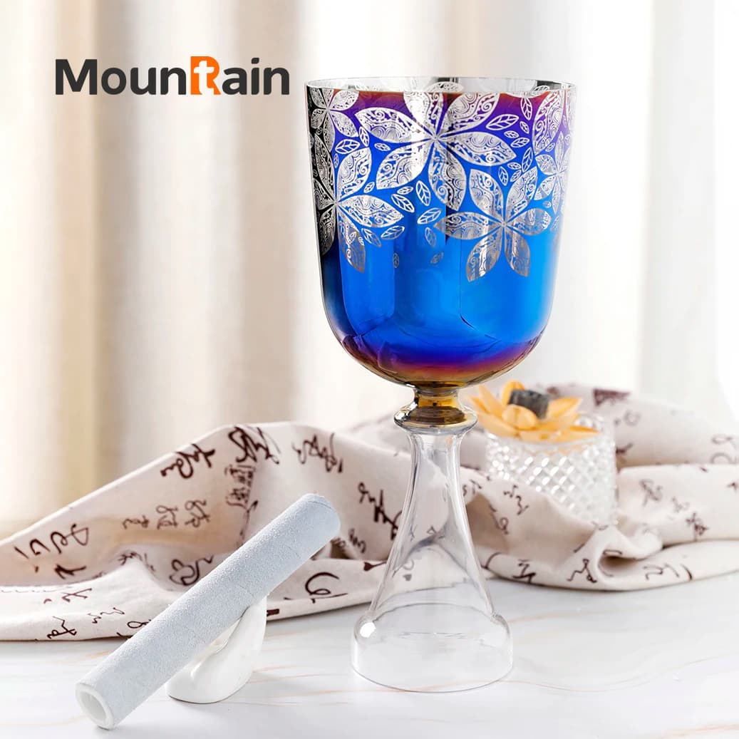 4th 5-7inch Blue hexagonal flower design Handheld Transparent Crystal Singing Bowl Meditation Sound Healing chalice Instruments