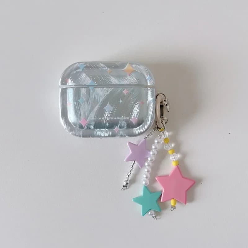 Silver IMD Colors Stars Pattern Earphone Case with Pendant for Airpods 1, 2, 3, 4, Pro, Pro2, Pro3, Anti-Scratch