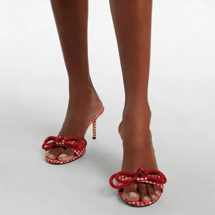 Ciabatte Estive da Donna con Fiocco e Strass, Tacco Alto, Moda a Quadretti, Punta Rotonda, per Esterni, Taglie Grandi