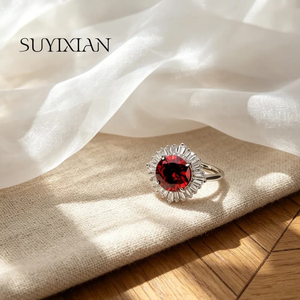 Anello Girasole in Argento Sterling 925 con Zircone Rosso, Gioiello di Lusso Leggero e alla Moda, Regalo per Compleanno, Anniversario, Matrimonio, Gioielleria da Donna