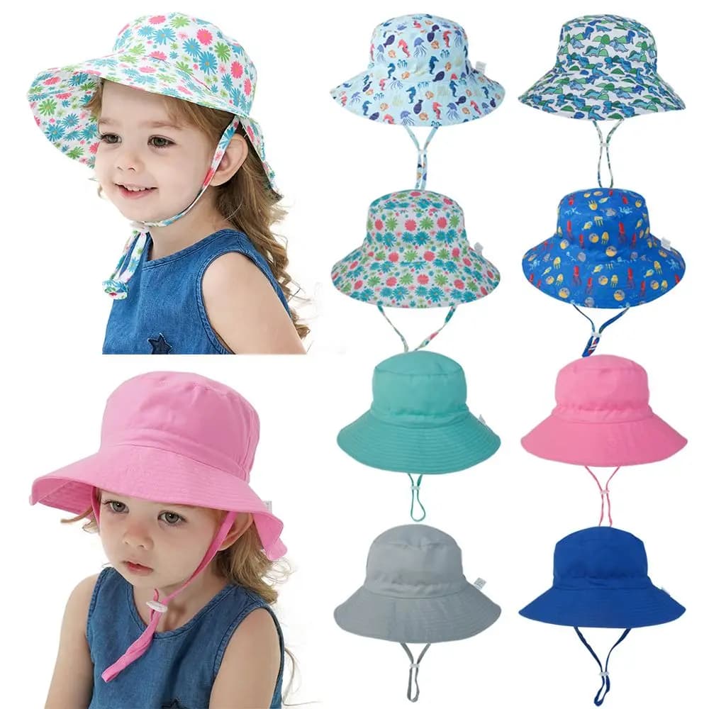 Cappelli Estivi per Bambini e Bambine, Protezione UV, Cappello da Sole a Tesa Larga, Cappello a Secchiello con Cinturino Regolabile, Cappello da Spiaggia