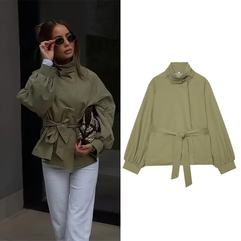Women's High-Neck Jacket with Belt New 2026 Spring Autumn Simple Solid Color Loose Women Coat Tops Female Chic Outerwear