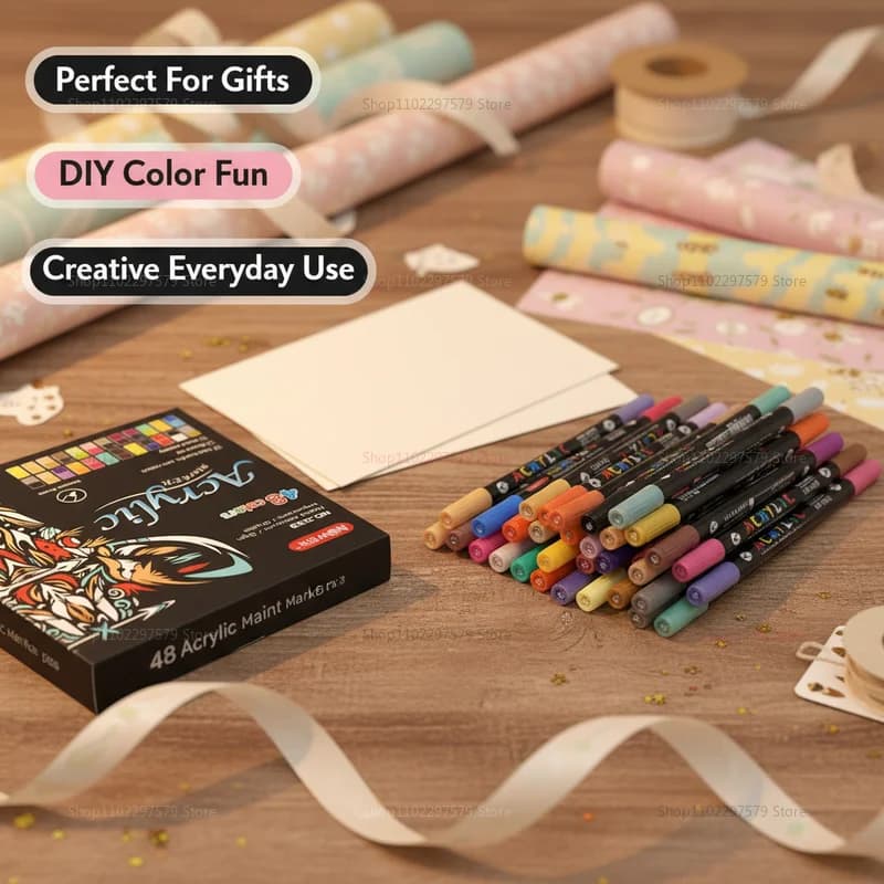 Set di 48 Pennarelli Acrilici a Doppia Punta, Penne Artistiche per Pietra, Legno, Vetro, Calligrafia e Progetti Creativi