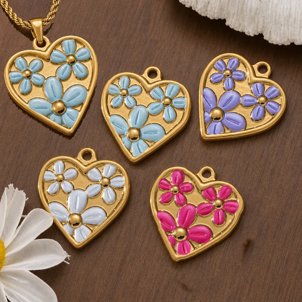 2 Pezzi Ciondoli a Forma di Cuore e Fiore in Acciaio Inox Smaltato per Creazione di Gioielli, Bracciali, Collane e Artigianato