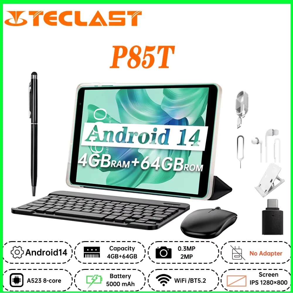 NUOVO Tablet Teclast P85T 2025 A523 8-core 1.8GHz/ 10GB(4GB+6GB) RAM/64GB ROM/8 Pollici 800×1280 IPS/WIFI5G/4G/5000mAh/Type-C