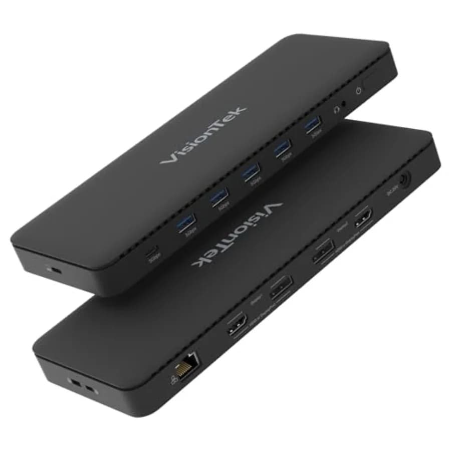 Universal dual 4K docking station for office use, aluminum alloy body, matte black finish, supports 100W charging and USB-A/USB