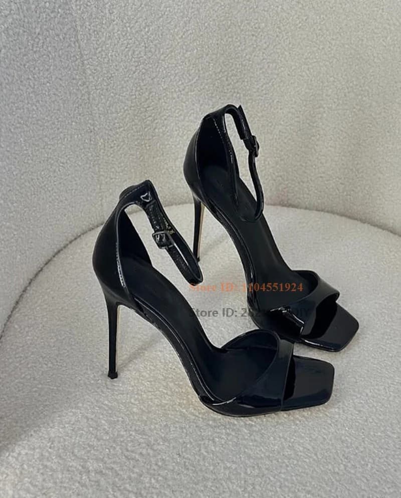 Black Stiletto Heeled Patent Leather Sandals Female Square Toed Belt Straps Open Toe Thin High Heel New Sexy Women's Shoes