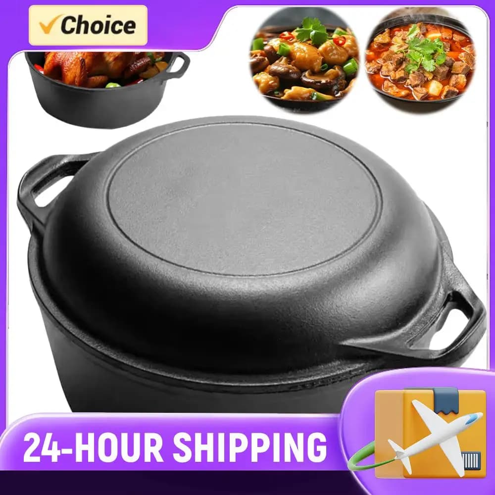 Set 2 in 1: Dutch bowl in Ghisa with pan cover, for Baking Bread, Frying, Cooking Oven, Camping and Barbecue