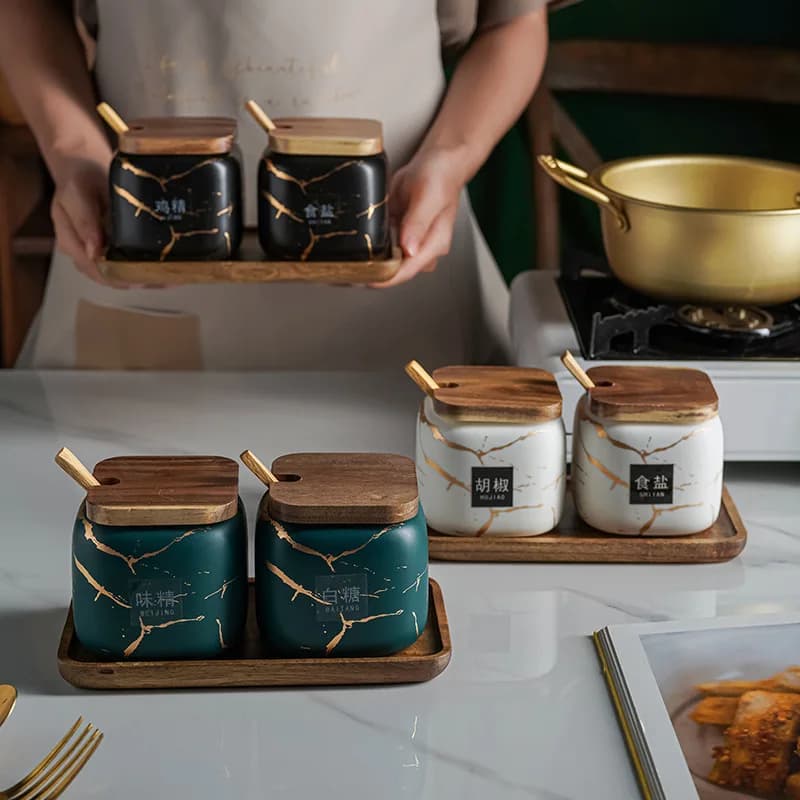 Set di pentole per condimento glassato da cucina giapponese set di due confezioni in marmo combinato per uso domestico scatola di condimento per zucchero sale bottiglia di condimento