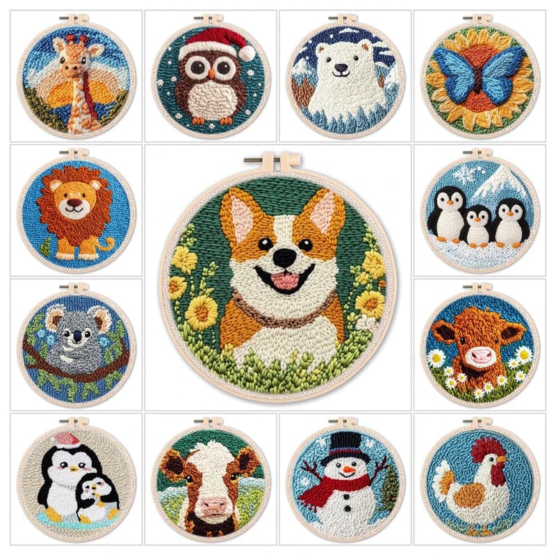 20x20cm Punch Needle Embroidery Cartoon Kit For Beginner Animal Cow Giraffe Cute Yarn painting Funny Craft DIY Play Set