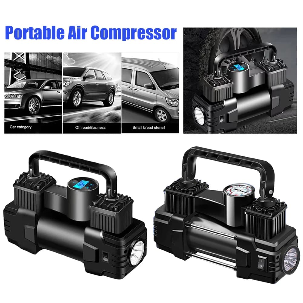 12V 150PSI Heavy Duty cilindro metallico Dual Airway gonfiatore elettrico per pneumatici ugello Push-to-connect compressore d'aria portatile luce a LED